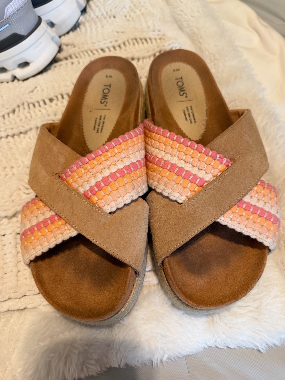 TOMS Tan Suede Slide Sandals with Pink, Peach & Orange Woven Straps
